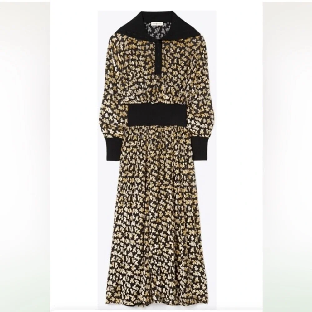 VOGUE MAGAZINE Tory Burch velvet devore midi dress black 12 gold leaves